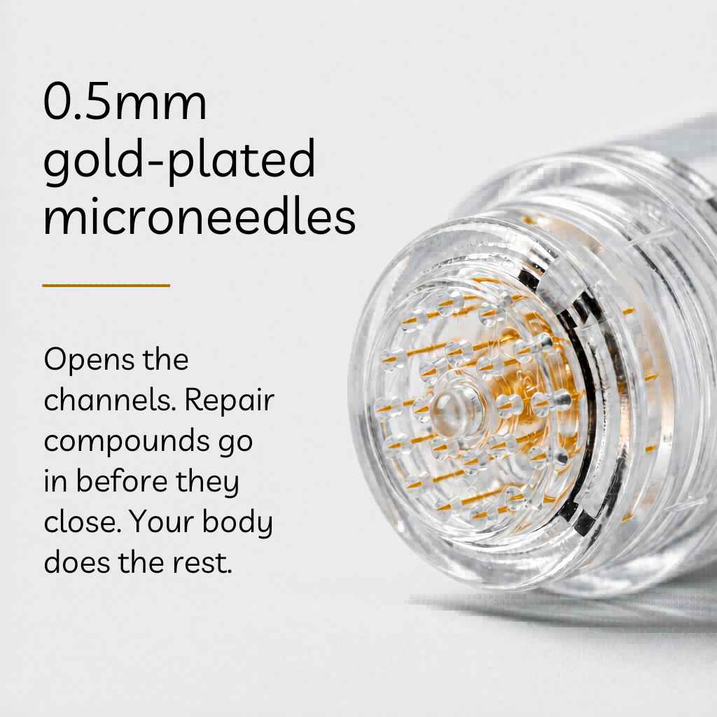 Vesper applicator close-up showing 0.5mm gold-plated microneedles