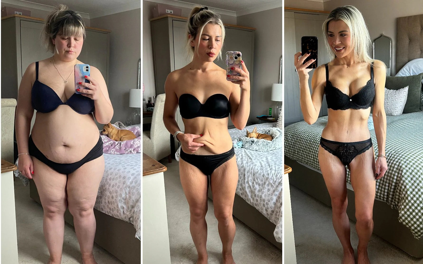 Three-panel transformation: 232 pounds, 137 pounds with loose skin, and after the protocol